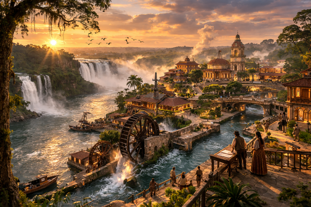 Civilización hidráulica del Reino Interior Guaraní en los Saltos del Guairá con ruedas de agua, canales y arquitectura fluvial.